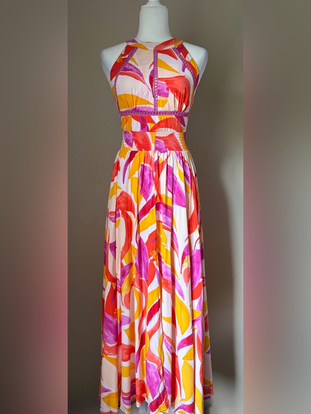 Sleeveless Abstract Print Maxi Dress in Pink & Orange